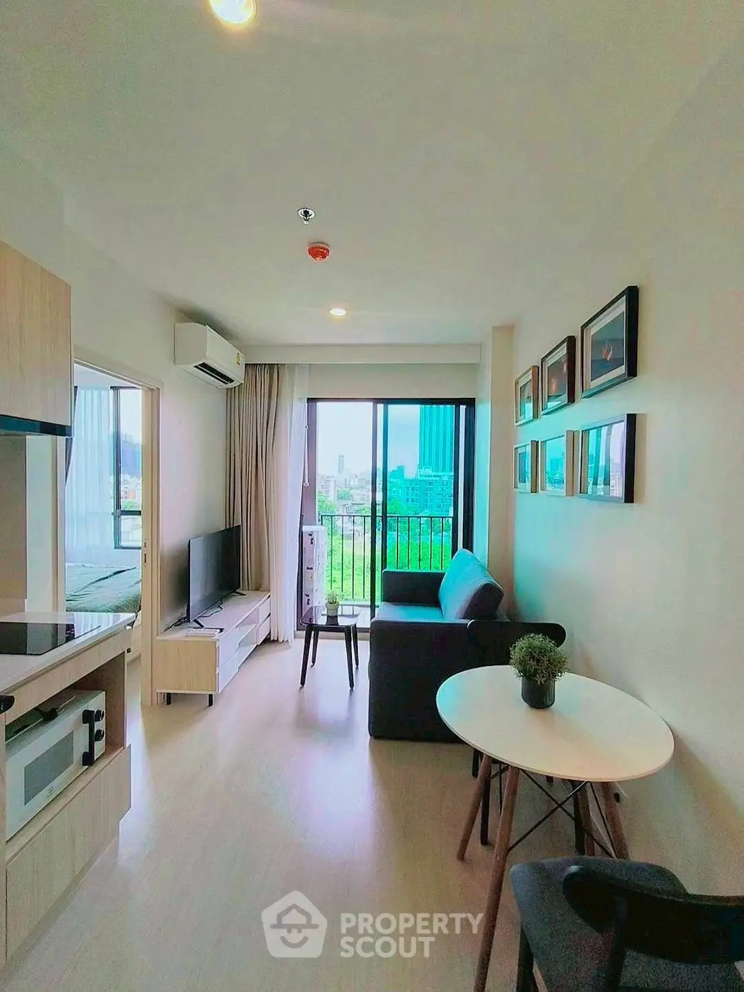 Modern living room with balcony view in a stylish apartment