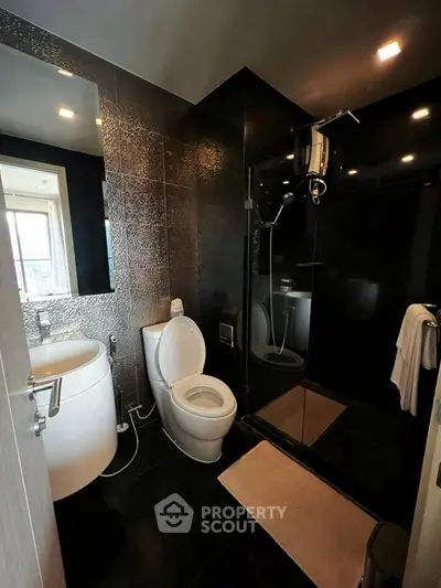 Luxurious modern bathroom with sleek black tiles and glass shower enclosure.
