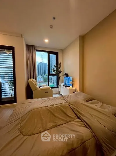 Cozy bedroom with city view and modern decor