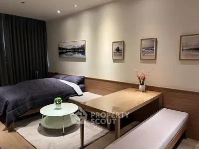 Cozy bedroom with modern decor and wooden furniture