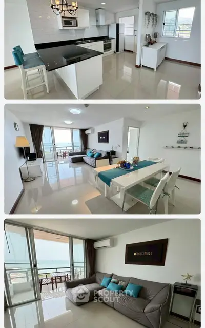 Modern open-layout kitchen and spacious living room with stunning views