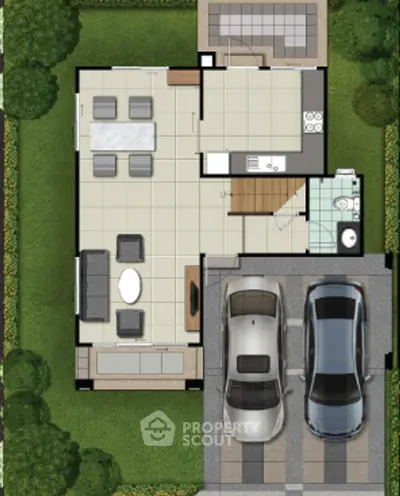 Modern floor plan with spacious living area and two-car garage, surrounded by lush greenery.