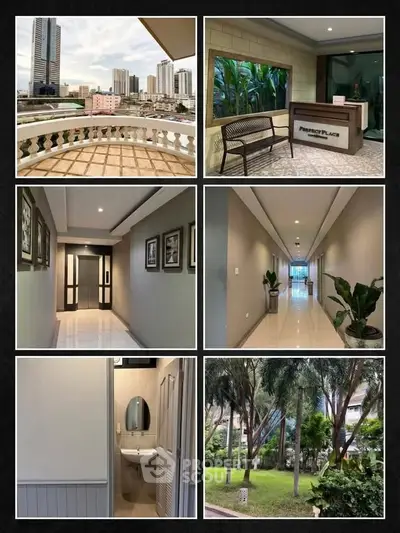 Explore a modern urban apartment with stunning city views, elegant lobby, and lush garden surroundings.
