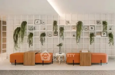 Modern interior with stylish seating and vertical garden wall, perfect for contemporary living spaces.