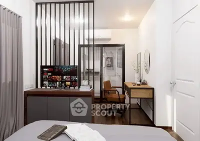 Modern bedroom with stylish workspace and TV, featuring sleek design and cozy ambiance.