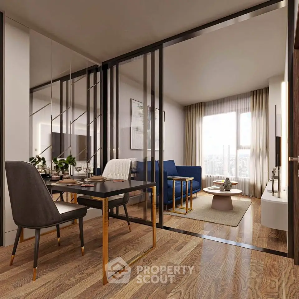 Modern open-plan living room with elegant dining area and stylish decor