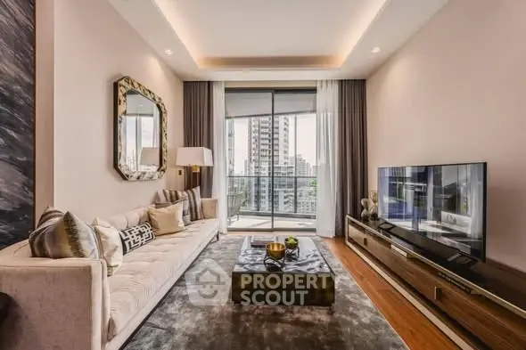 Luxurious living room with modern decor and city view balcony, perfect for urban living.