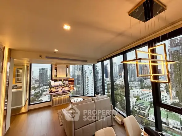Luxurious high-rise living room with panoramic city views and modern lighting