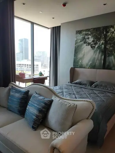 Modern bedroom with city view and stylish decor