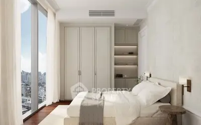 Luxurious bedroom with floor-to-ceiling windows offering stunning city views, elegant decor, and ample storage.