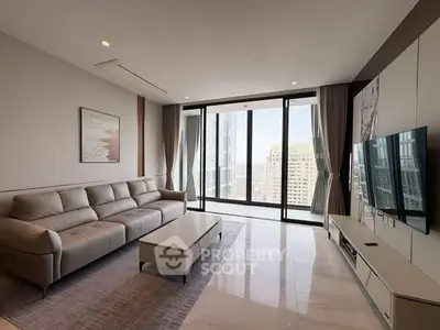 Luxurious modern living room with stunning city view and elegant furnishings.
