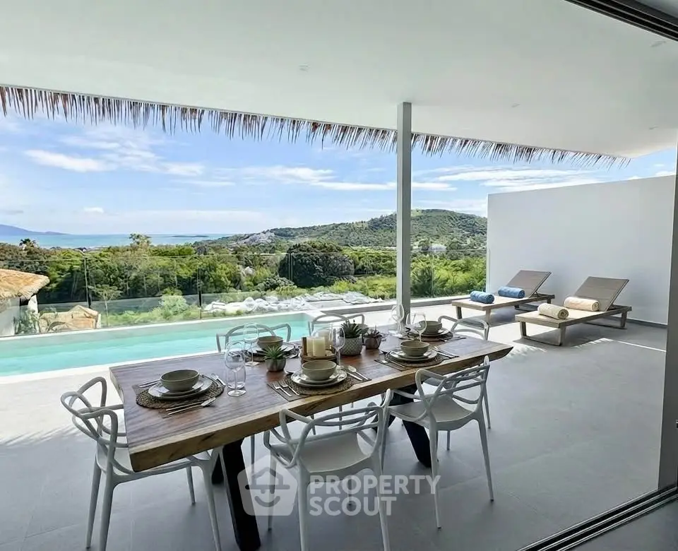 Luxurious terrace with dining area and stunning panoramic view of lush landscape and infinity pool.