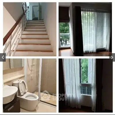 Spacious duplex with elegant staircase, bright windows, and modern bathroom in prime location.