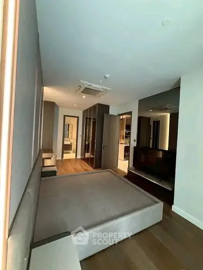 Modern bedroom with sleek design and built-in storage in a contemporary apartment.