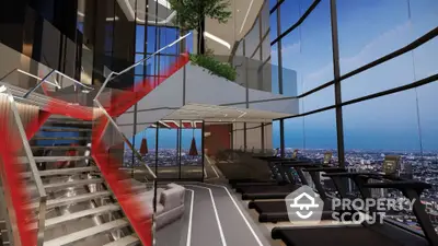 Luxurious high-rise gym with panoramic city views and modern fitness equipment