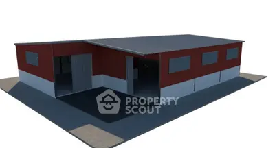 Modern industrial warehouse with red exterior and large entry doors, ideal for commercial use.
