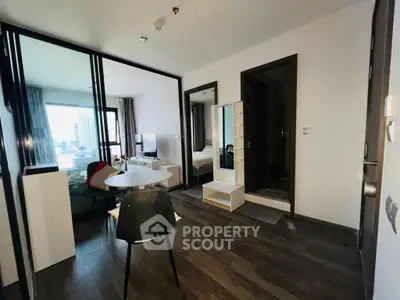 Modern apartment interior with sleek design and city view