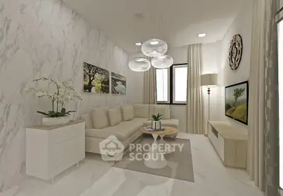 Elegant modern living room with marble walls and stylish lighting