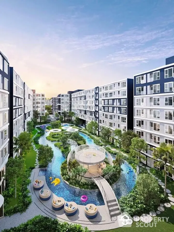 Luxurious apartment complex with stunning pool and lush garden view