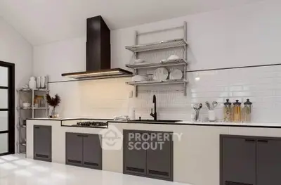 Modern kitchen with sleek cabinetry, gas stove, and open shelving in a bright, minimalist design.
