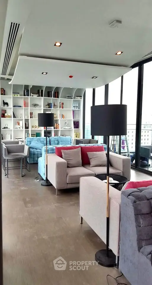 Luxurious modern living room with panoramic city views and elegant decor