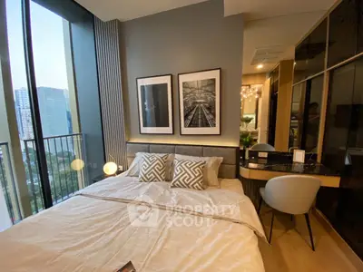 Luxurious bedroom with city view and modern decor in high-rise apartment