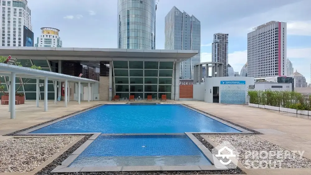 Luxurious rooftop pool with stunning city skyline views in modern urban setting.