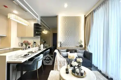 Luxurious modern living room with elegant decor and open kitchen layout