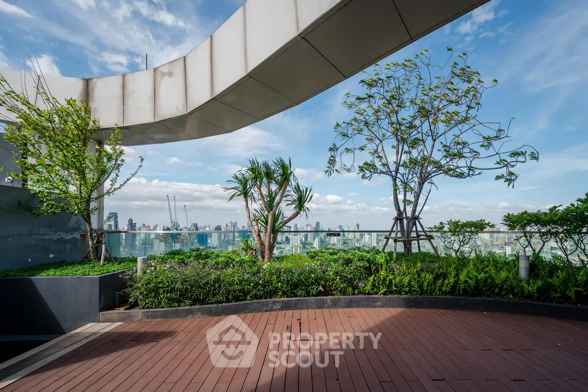 Stunning rooftop garden with panoramic city skyline view