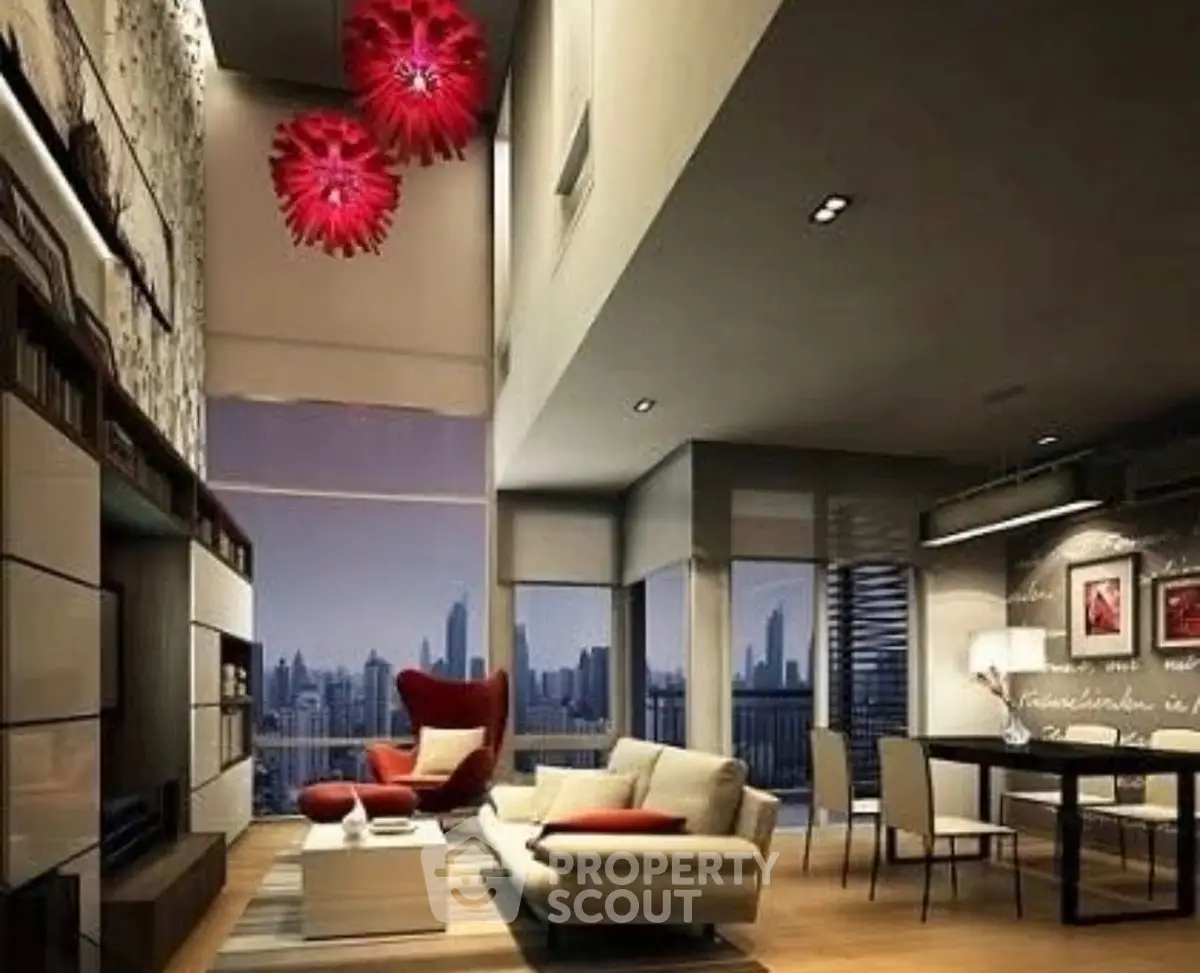 Luxurious modern living room with stunning city view and stylish decor