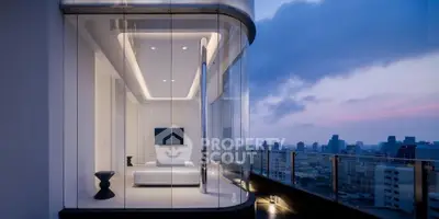 Stunning modern bedroom with panoramic city view and sleek glass walls at dusk.
