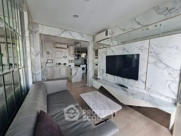 Luxurious modern living room with marble accents and sleek furniture