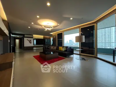 Spacious modern living room with city view and stylish decor