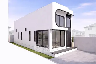 Modern minimalist white house exterior with large windows and sleek design