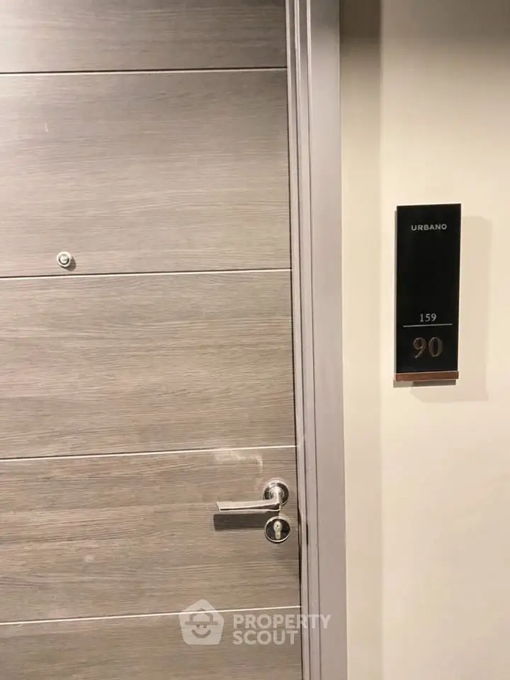 Modern apartment entrance with sleek wooden door and stylish handle