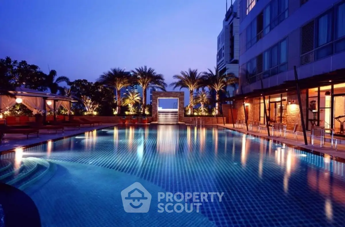 Luxurious poolside view at dusk with modern architecture and palm trees.