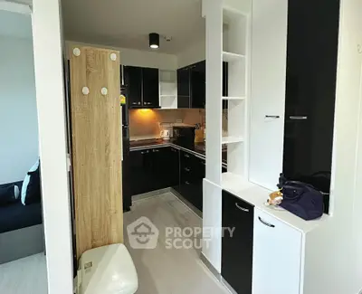Modern kitchen with sleek black cabinets and open layout in stylish apartment.