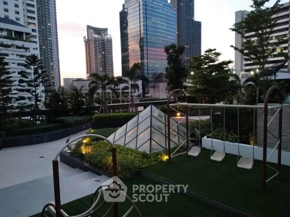 Modern urban rooftop garden with playground and city skyline view