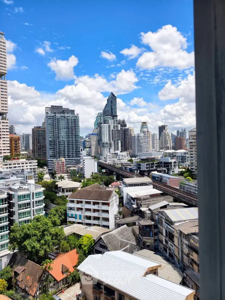 Stunning cityscape view from a high-rise building showcasing modern urban architecture under a clear blue sky.