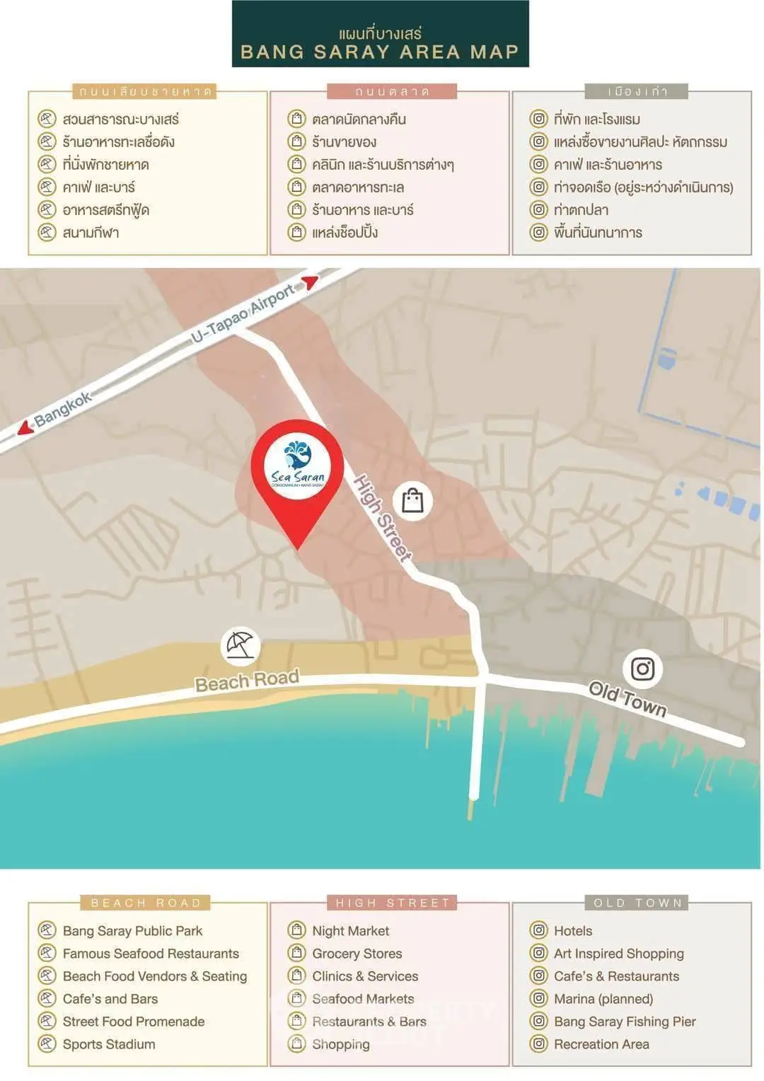 Bang Saray area map highlighting key locations and amenities for real estate exploration.