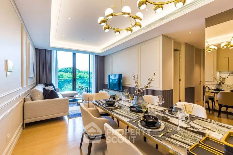 Luxurious modern living room with elegant dining area and scenic view, featuring stylish lighting and decor.