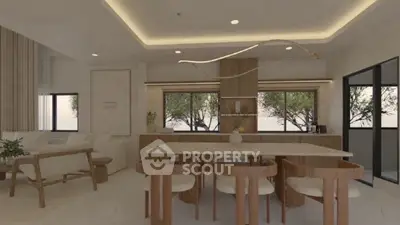 Modern open-layout living and dining area with stylish lighting and large windows.