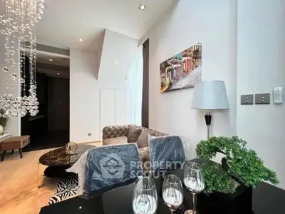 Luxurious modern living room with elegant decor and high ceilings