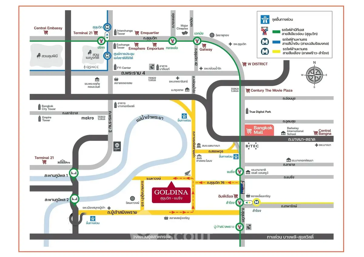 Map showcasing prime real estate locations near shopping malls and transit stations in vibrant urban area.