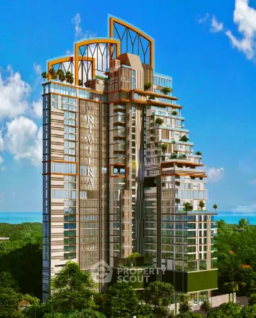 Luxurious high-rise building with modern architecture and lush greenery, offering stunning views.