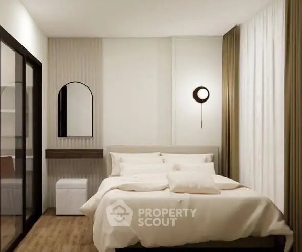 Modern bedroom with elegant decor and cozy ambiance, featuring a stylish mirror and soft lighting.
