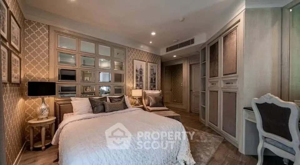 Luxurious bedroom with elegant decor and stylish furnishings in a modern apartment.