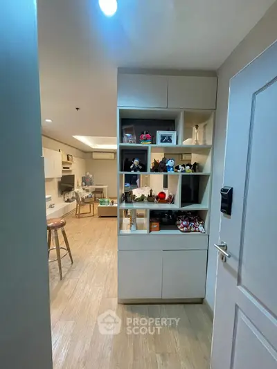 Modern apartment interior with stylish open kitchen and cozy living area