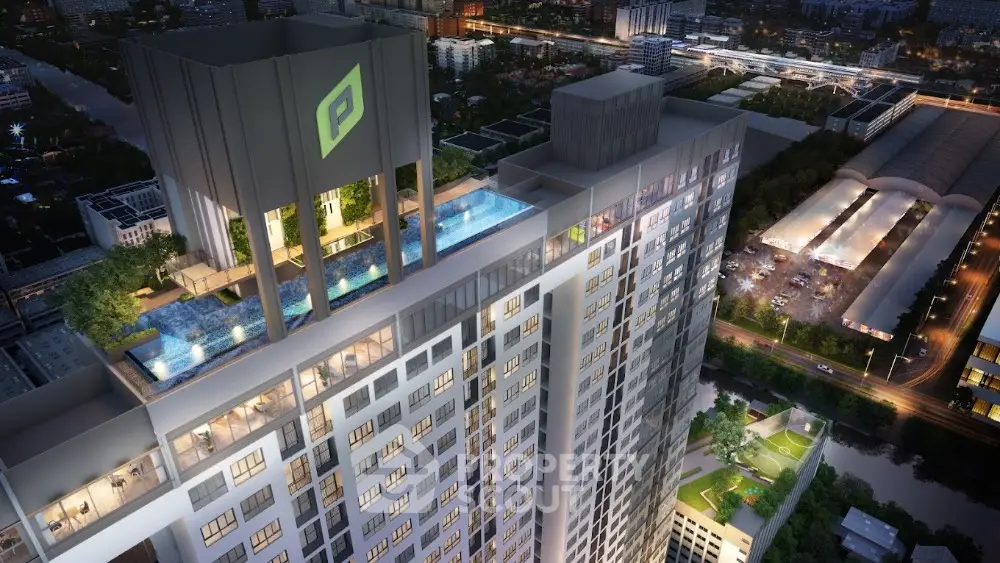 Stunning aerial view of modern high-rise building with rooftop pool and cityscape backdrop