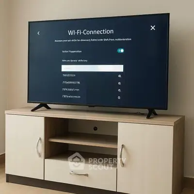 Modern living room with sleek TV stand and large flat-screen TV displaying Wi-Fi connection settings.